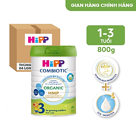 Thùng 4 lon sữa bột dinh dưỡng công thức HiPP 3 Organic Combiotic chất lượng hữu cơ tăng cường sức khoẻ hệ miễn dịch, bổ sung Canxi và vitamin D dành cho trẻ trên 12 tháng tuổi (4 lon x 800g)