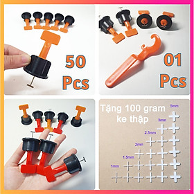 Combo Ke Lát Gạch Tái Sử Dụng Dạng Vít Vặn 50 Chiếc Kèm Kìm Móc + Tặng Ke Chữ Thập Nhiều Kích Thước