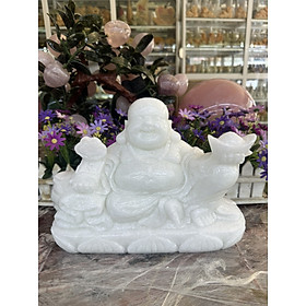 Mua Tượng Phật Di Lặc ngồi cầm thỏi vàng phong thủy đá cẩm thạch trắng - Dài 30 cm