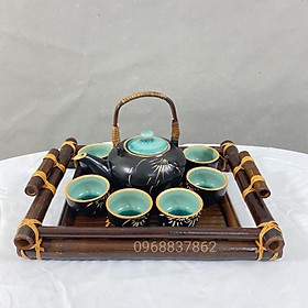 Mua bộ ấm chén khắc trúc quai mây kèm khay tre