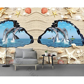Tranh dán tường Tranh phòng khách phòng ngủ 3D hiện đại dán tường - Đàn Cá Heo và Sao Biển (kích thước lớn)