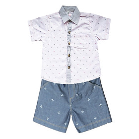 Set quần short xanh và áo sơ mi họa tiết xương cá Cuckeo Kids QSSM017