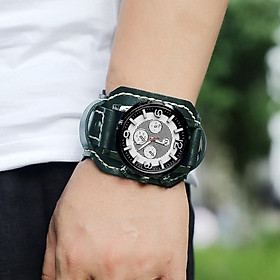 Watch Bracelet Wide Leather Strap Round Dial Cuff Hybrid Design Black