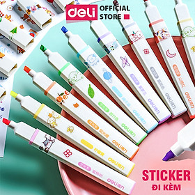 Bút highlight dạ quang nhấn dòng kèm sticker Deli - Hộp 6 chiếc - S743