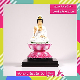 Tượng Quan Âm Bồ Tát ngồi tòa sen có đế vẽ màu áo trắng - Cao 12cm