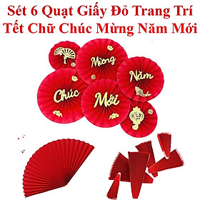 Sét 6 Quạt Giấy Đỏ Trang Trí Tết Chữ Chúc Mừng Năm Mới