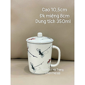 Cốc sứ Bát Tràng cao cấp vẽ tay xuất dư hoạ tiết chuồn kim màu có nắp dung tích 350ml