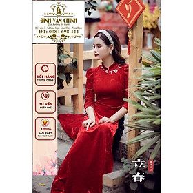 Áo dài nhung nhám truyền thống cao cấp với thiết kế tay bồng lỡ siêu xinh