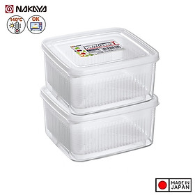 Set 02 hộp thực phẩm vuông có giá lót Nakaya 1100ml, giúp rau thịt không bị úng nước và tươi lâu hơn - nội địa Nhật Bản