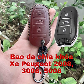 Bao Da Chìa Khoá Peugeot 2008, 3008, 5008. Da Bò Nhập Khẩu ITALIA, Khắc Tên, Số ĐT Chủ Xe - mầu nâu cafe