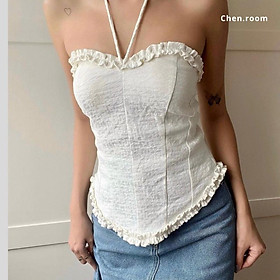 CHEN.room Áo yếm cột dây Lucie trắng kem chạy viền bèo có mút ngực, Áo xinh dự tiệc nhà Chen