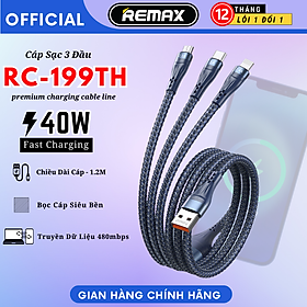 Dây Sạc 3 Đầu Chính Hãng Remax 199th Gồm Cáp Sạc Nhanh Lighning, Type C, Micro Sạc đa năng cùng lúc 3 thiết bị - Hàng Chính Hãng