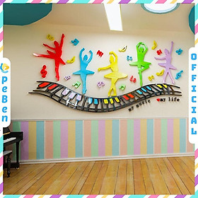 Tranh dán tường mica 3d decor khổ lớn múa trên những phím đàn trang trí mầm non, mẫu giáo, phòng cho bé