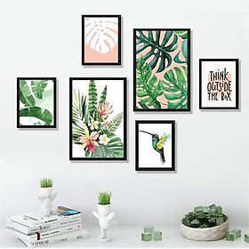 Mua Bộ 6 Tranh treo tường kèm khung màu đen  lá cây nhiệt đới   tông màu hồng lá cây  chim    tươi sáng  hiện đại   Tặng kèm khung và đinh ba chân treo tranh chuyên dụng PVP-TP168