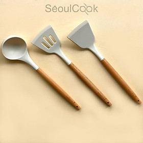 Bộ 3 dụng cụ nấu ăn Vá/ Sạn/Xẻng có rãnh cán gỗ Seoulcook cao cấp, chống dính dùng cho nhà bếp