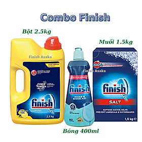 Combo rửa bát Finish: Bột Classic can 2,5kg, Nước làm bóng chai 400ml, Muối hộp 1,5kg - Chính Hãng.