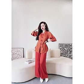 Đồ Bộ Nữ, Bộ Lam Gấm Cổ Bà Lai, áo gấm quần latin, freesize 40-60kg, tùy chiều cao