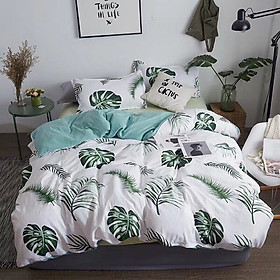 Bộ chăn ga gối cotton đũi cao cấp Trầu ba lá rách nền trắng