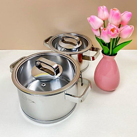 Mua Nồi Inox 304 3 đáy quai vuông nắp kính 16/18/20/24 đun từ