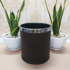 Mua THÙNG RÁC BỌC DA VÂN LƯỚI  02 lớp chuyên dùng cho Nhà hàng- Khách sạn  kích thước đường kính 22 5mm  cao 25 cm  vành inox sáng bóng