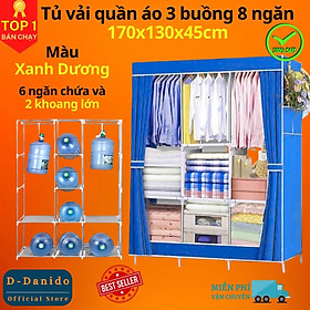 Tủ Quần Áo miDoctor Cải Tiến Thế Hệ Mới, Tủ Vải Quần Áo 3 Buồng 8 Ngăn 1,7m Cao Cấp - Xanh Dương