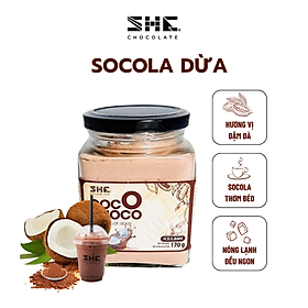 Socola bột Dừa lạnh - Hũ thủy tinh 170g - SHE Chocolate - Bổ sung năng lượng và dinh dưỡng, pha uống nóng/ đá tiện lợi, hương vị đa dạng. Quà tặng sức khỏe, quà tặng người thân, dịp lễ