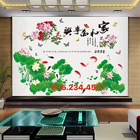 Decal dán tường Combo 2 tranh cá và hoa sen + hoa mẫu đơn