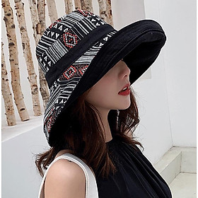 Nón Mũ nữ rộng vành gấp gọn đội 2 mặt phối mầu thổ cẩm thời trang Hàn Quốc MRV01