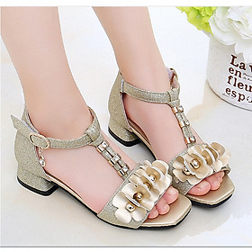 Sandal hoa vàng cao gót bé gái 3 - 12 tuổi kiểu dáng Hàn Quốc - SD51