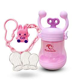 Túi nhai ăn dặm Kichilachi, có 3 size núm nhai chống hóc cho bé tập ăn dặm hình Vương Miện, có dây giữu