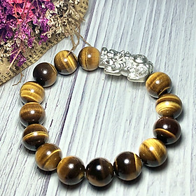 Vòng tay Thạch Anh Mắt Hổ vàng nâu 12mm mix tỳ hưu