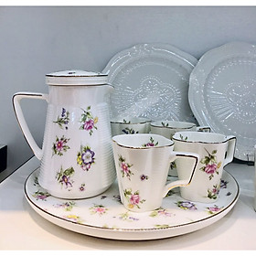 Bộ trà sứ xương cao cấp khập khẩu cốc cao hoa nhí LOVE FLOWER 5545