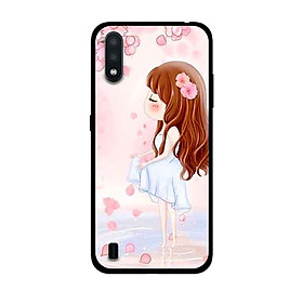 Ốp Lưng in cho Samsung Galaxy A01 Mẫu Cô Gái Váy Trắng Nền Hoa Đào - Hàng Chính Hãng