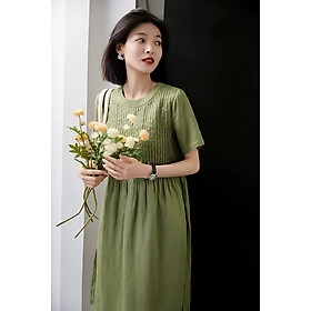 Đầm linen nữ dáng suông cổ tròn xếp ly kèm dây thắt eo mẫu mới trẻ trung Đũi Việt