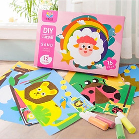Hộp tranh cát 12 màu Sand Painting DIY kèm cọ và khay đựng cát, tranh cát một hộp 12 tranh 12 lọ cát màu kèm dụng cụ