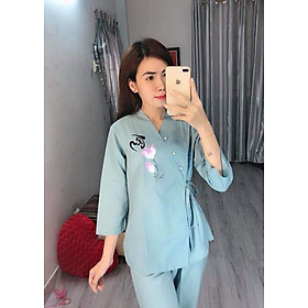 Áo Lam Đi Chùa - Vạt Chéo Thư Pháp Màu Xanh Thạch