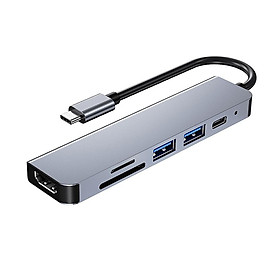 6-in-1 Type-C Hub Aluminum Alloy Type-C Converter with HD USB2.0 USB3.0 PD Ports TF SD Card Slots Plug and Play