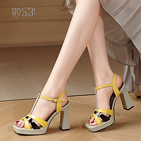 Giày sandal nữ cao gót đế cao 8 phân hàng hiệu rosata hai màu vàng xanh ro531