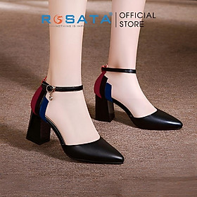 Giày cao gót nữ ROSATA RO485 mũi nhọn quai hậu khóa cài cổ chân kiểu Pháp gót vuông cao 6cm xuất xứ Việt Nam - Đen