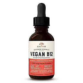 Vegan Vitamin B12 Sublingual Liquid Drops by LiveWell - Methylcobalamin Maximum Strength 5000 mcg Formula - Boost Energy and Mood, Improve Memory, Aid Immune System - 60 Servings