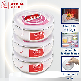 Bộ 3 hộp trữ thức ăn thực phẩm đựng cơm chịu nhiệt hộp thủy tinh COBACOOK hộp tròn dung tích lớn 950ml- CCR93