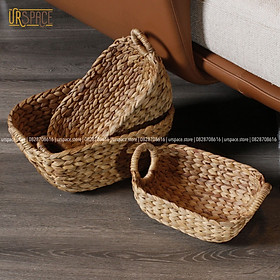 Giỏ đựng đồ đa năng bằng lục bình (bèo) có quai cầm/ Hand woven hyacinth storage basket with handle natural color