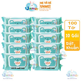 Combo 10 Gói Khăn Ướt Aiko Kháng Khuẩn 100 tờ/Gói không hương màu Xanh