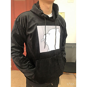 Áo nỉ nhung phối túi hoodie có mũ màu đen tay dài ulzzang nam nữ Unisex