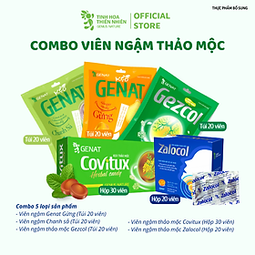 Combo 5 sản phẩm - Viên ngậm ho thảo mộc ZaloCombo 5 sản phẩm - Viên ngậm ho thảo mộc Zalocol - Kẹo thảo mộc Covitux, Gezcol, Genat Gừng, chanh sả - Genatcol - Kẹo thảo mộc Covitux, Gezcol, Genat Gừng, chanh sả - Genat