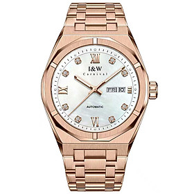 Đồng hồ nam chính hãng I&W Carnival 751G-T16,Mặt trắng khảm trai dây mạ vàng hồng ,Kính sapphire chống xước tốt,Chống nước 50m,Máy Cơ Automatic