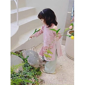 BỘ ÁO DÀI NHUNG BY DUNG KIDS CHO BÉ GÁI MÀU HỒNG KÈM BỜM NGỌC