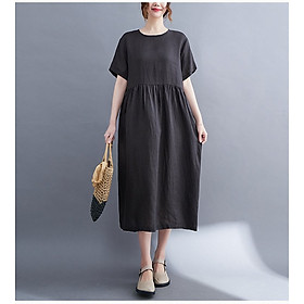 Đầm bầu nữ thời trang, Váy bầu suông linen nữ cổ tròn ngắn tay nhún eo B81