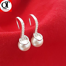 Bông tai bạc nữ ngọc nhân tạo màu trắng gắn đá cobic đeo sát tai 100% chất liệu bạc thật Bạc Quang Thản - QTBT1(TRẮNG)