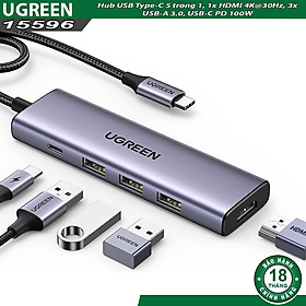 Hub USB Type-C 5 trong 1 Ugreen 15596 CM511, 1x HDMI 4K@30Hz, 3x USB-A 3.0, USB-C PD 100W hàng chính hãng